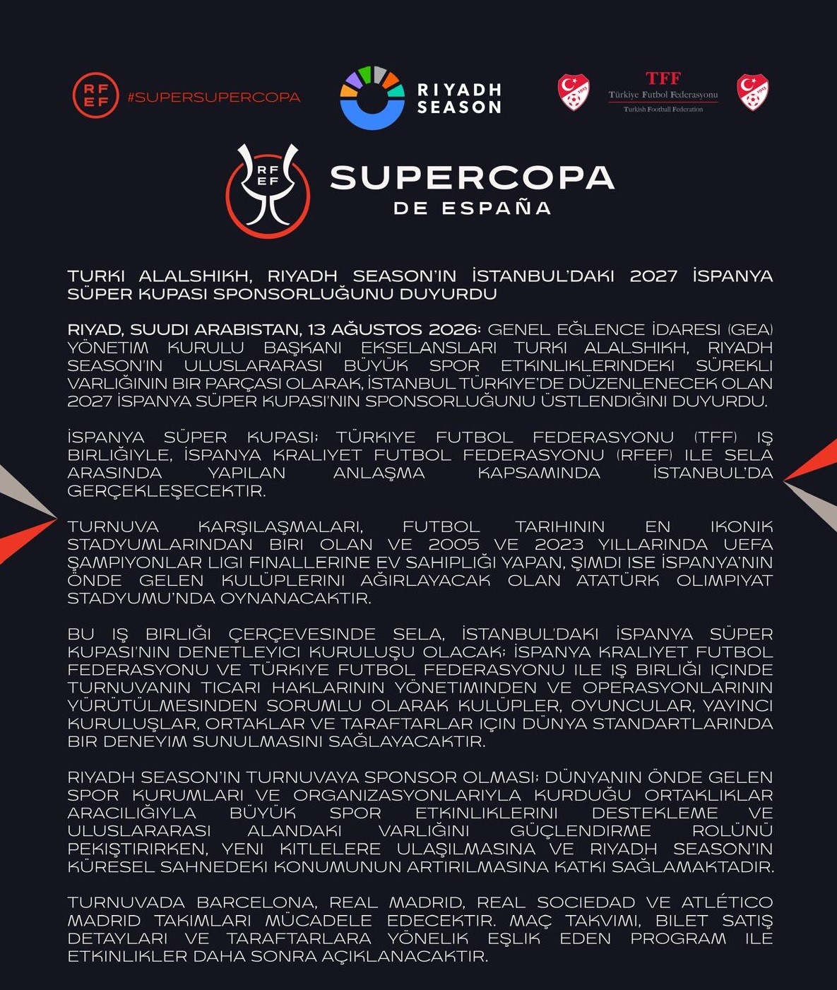 Riyadh Season wird Hauptsponsor: Spanischer Supercup 2027 steigt im Istanbuler Atatürk-Olympiastadion